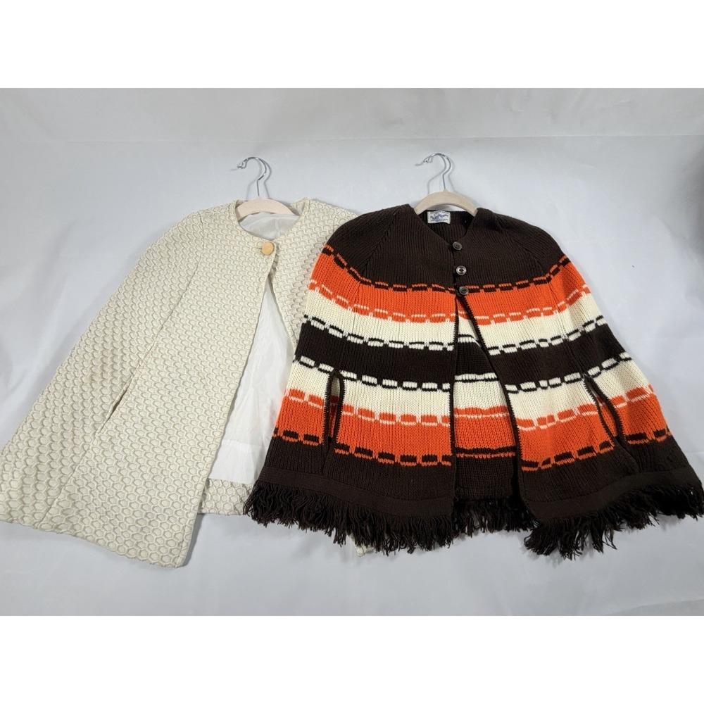 Vintage Poncho Cape Lot Fringe Knit Boho Retro + Cream Cape Coat 2pc Girls Teen